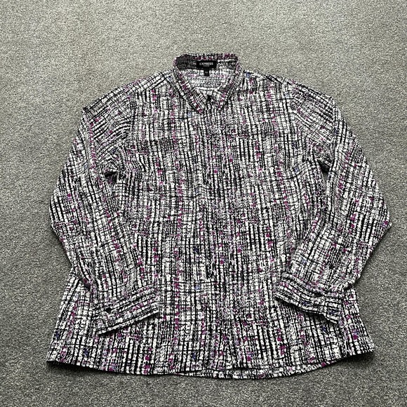 Express Portofino Shirt Womens Large Purple Black Abstract Print Button Up Top - Picture 1 of 9